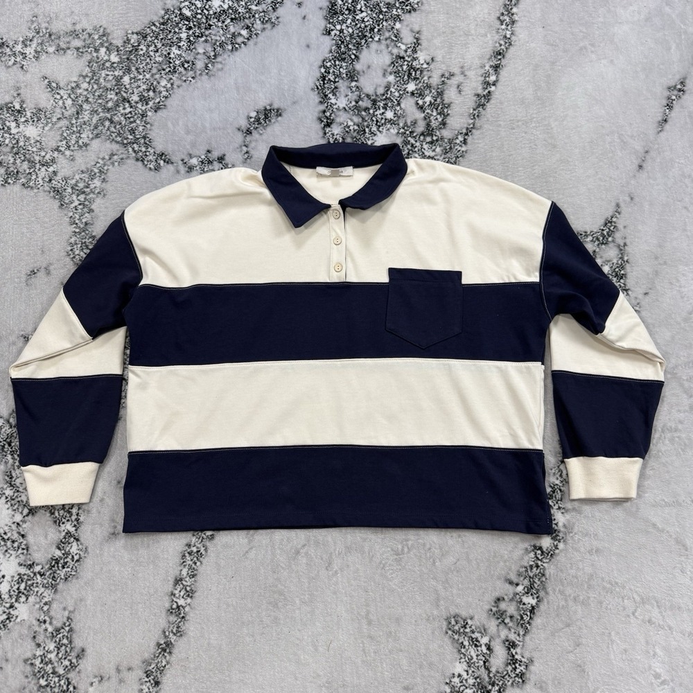 Atelier By Kirious Womens XL Rugby Shirt Navy‎ Cream Oversized Pullover Casual